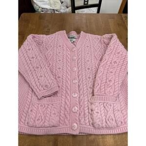Aran Crafts Cable Knit Cardigan Sweater Women Sz L Pink Merino Wool Chunky Cabin